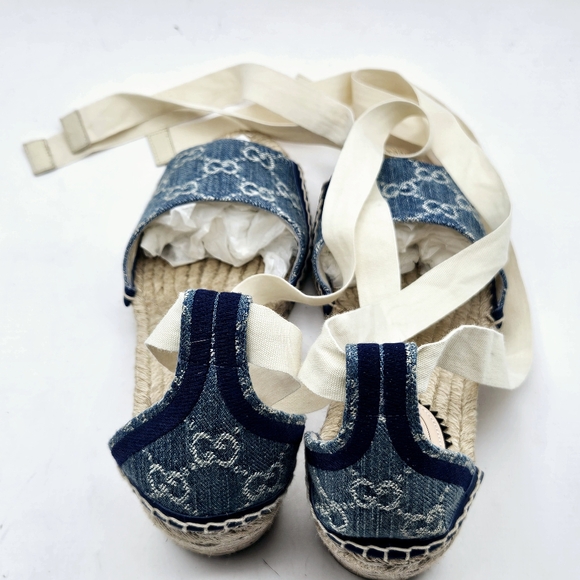 GUCCI Pilar GG Logo Blue Denim Pilar Espadrille Wedge Sandals size 37 7 NEW - Picture 7 of 11